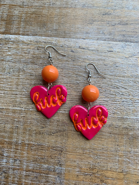 Pink Heart Fuck Swear Word Earrings Polymer Clay Orange Clip On Tunnel Gauge Earrings