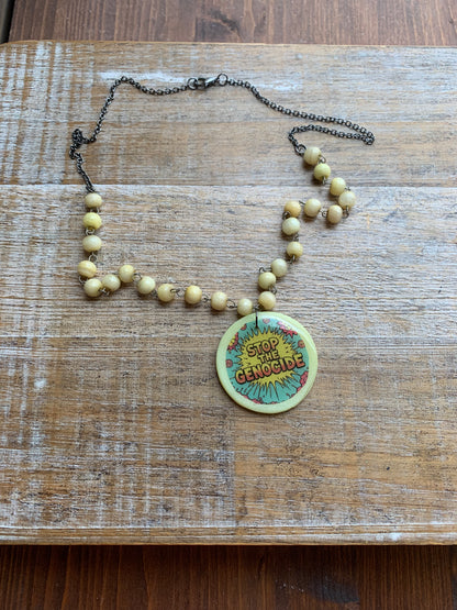 Stop the Genocide Upcycled Beaded Polymer Clay Necklace