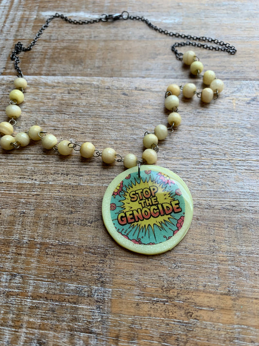 Stop the Genocide Upcycled Beaded Polymer Clay Necklace