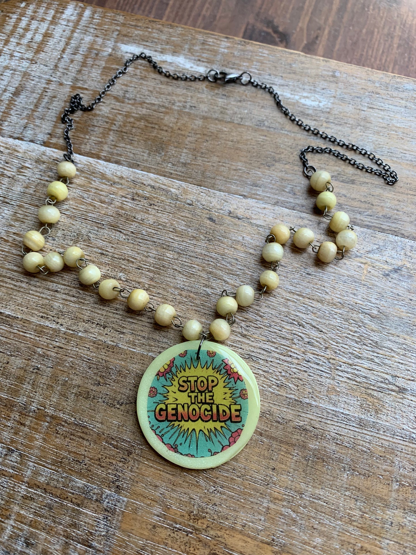 Stop the Genocide Upcycled Beaded Polymer Clay Necklace