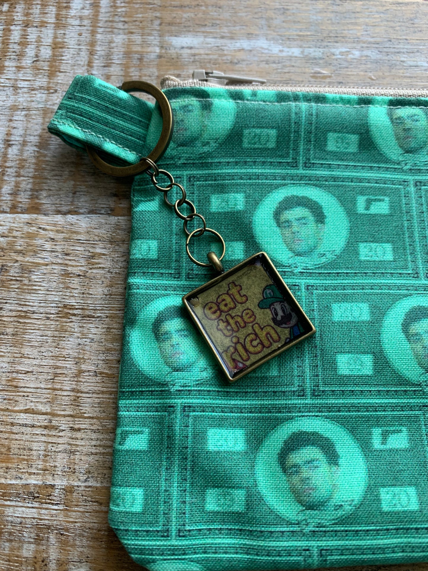 Luigi Green Money with Eat The Rich Keychain Deny Defend Depose Wallet Zipper Pouch Bag