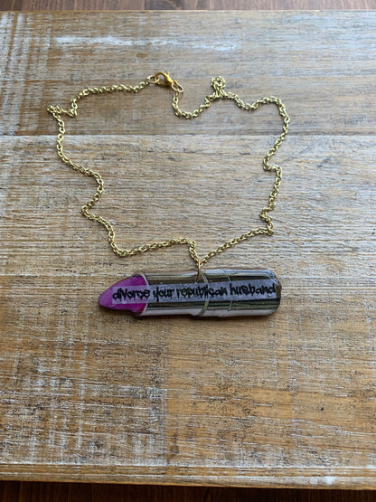 As-Is Divorce Your Republican Husband Pink Lipstick Gold Tone Necklace