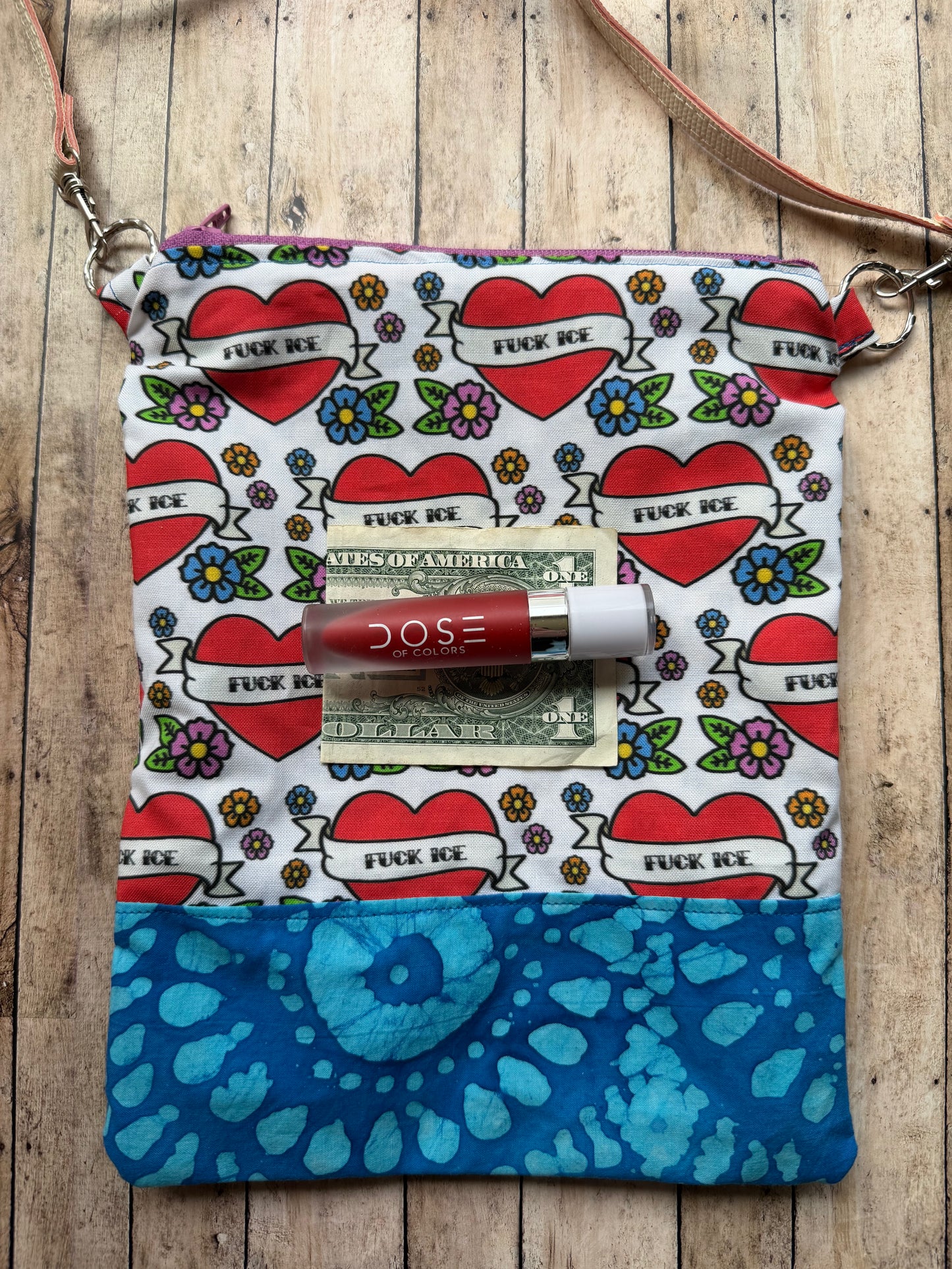 Fuck Ice Tattoo Heart Colorful Crossbody Purse Lightweight Cotton Pouch Bag
