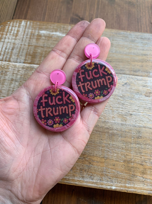 Fuck Trump Pink Stud Earrings Daisy One of a Kind Polymer Clay Earrings Tunnel Gauge Clip On Earrings