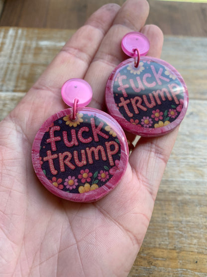 Fuck Trump Pink Stud Earrings Daisy One of a Kind Polymer Clay Earrings Tunnel Gauge Clip On Earrings