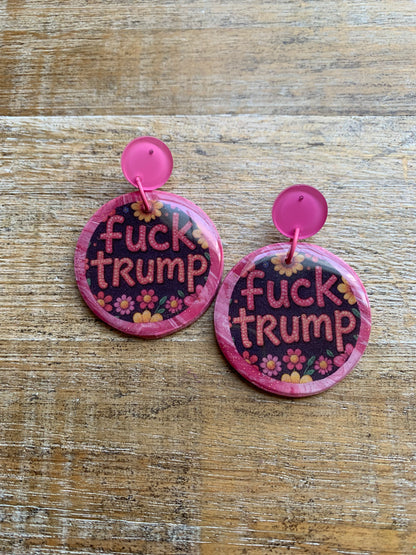 Fuck Trump Pink Stud Earrings Daisy One of a Kind Polymer Clay Earrings Tunnel Gauge Clip On Earrings