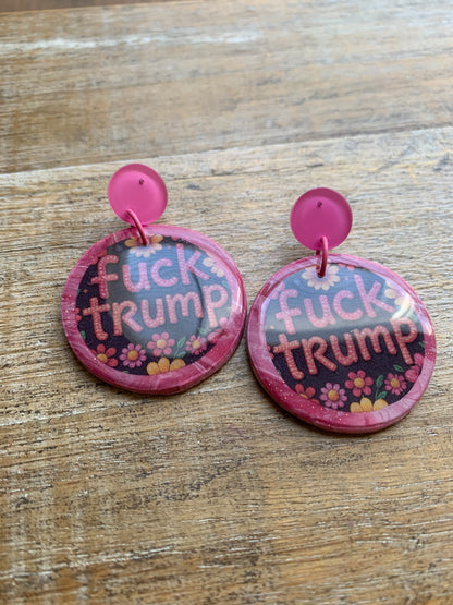 Fuck Trump Pink Stud Earrings Daisy One of a Kind Polymer Clay Earrings Tunnel Gauge Clip On Earrings