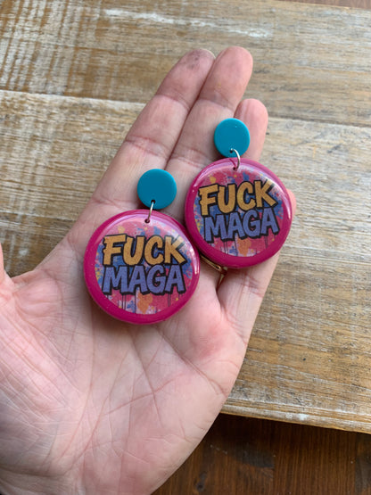 Fuck MAGA Pink Stud Earrings Graffiti Colorful Polymer Clay Earrings Tunnel Gauge Clip On Earrings