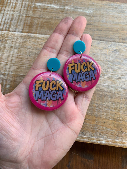 Fuck MAGA Pink Stud Earrings Graffiti Colorful Polymer Clay Earrings Tunnel Gauge Clip On Earrings