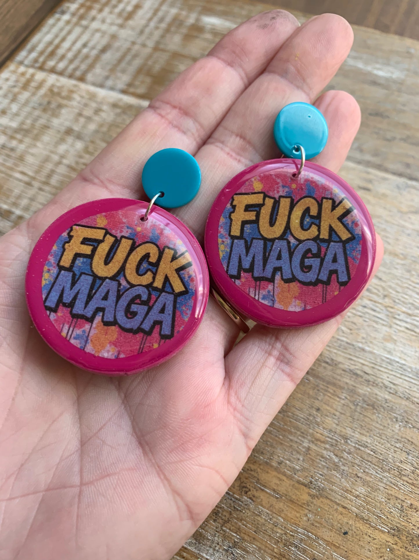 Fuck MAGA Pink Stud Earrings Graffiti Colorful Polymer Clay Earrings Tunnel Gauge Clip On Earrings