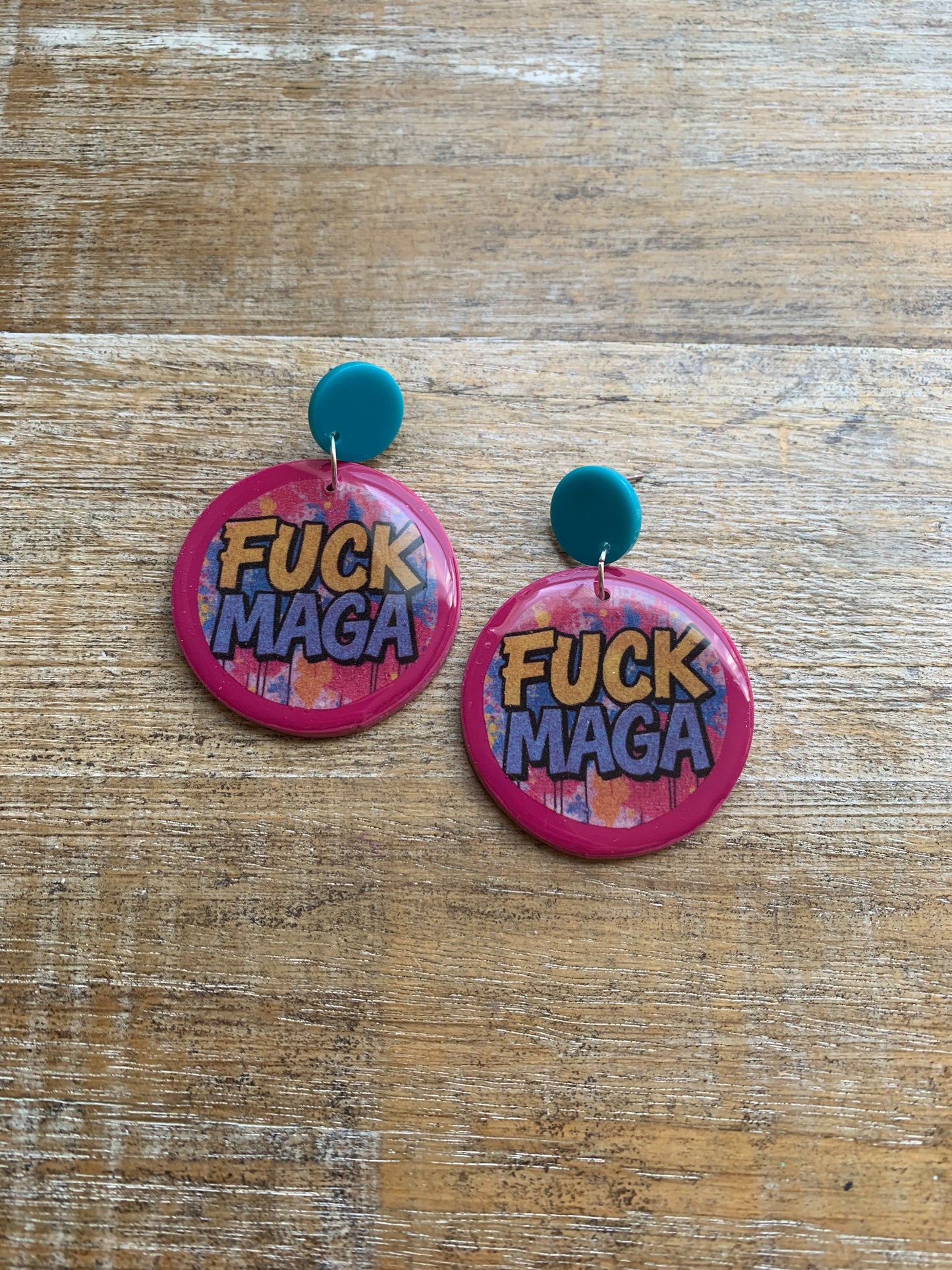Fuck MAGA Pink Stud Earrings Graffiti Colorful Polymer Clay Earrings Tunnel Gauge Clip On Earrings