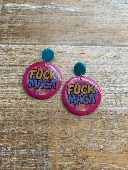 Fuck MAGA Pink Stud Earrings Graffiti Colorful Polymer Clay Earrings Tunnel Gauge Clip On Earrings