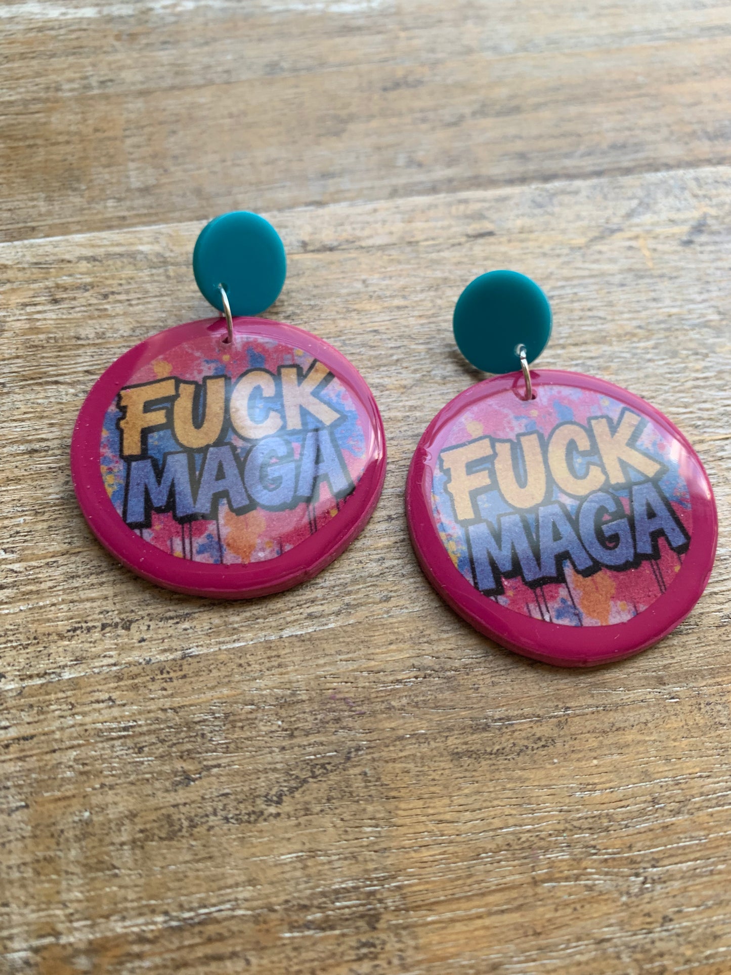 Fuck MAGA Pink Stud Earrings Graffiti Colorful Polymer Clay Earrings Tunnel Gauge Clip On Earrings