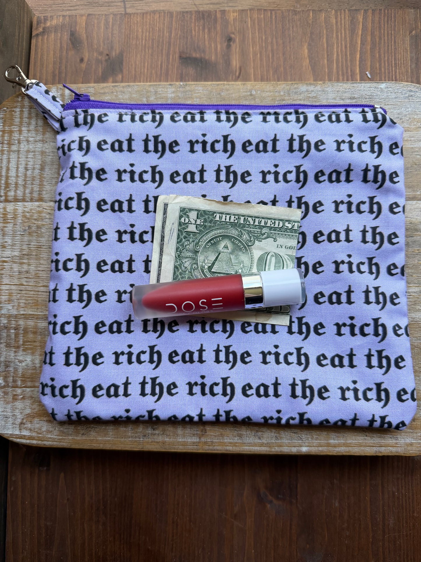 Eat The Rich Lavender Purple Makeup Cosmetic Bag Zipper Pouch