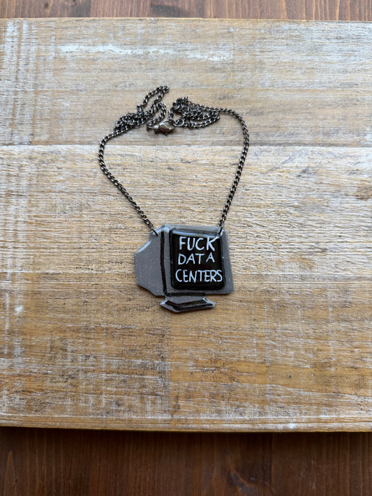 Fuck Data Centers Gothic Retro Computer Necklace with Gun Metal Tone Chain