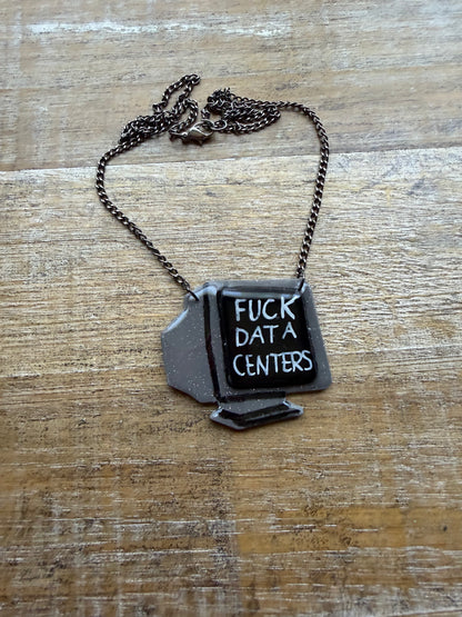 Fuck Data Centers Gothic Retro Computer Necklace with Gun Metal Tone Chain
