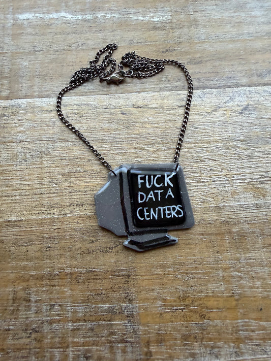 Fuck Data Centers Gothic Retro Computer Necklace with Gun Metal Tone Chain