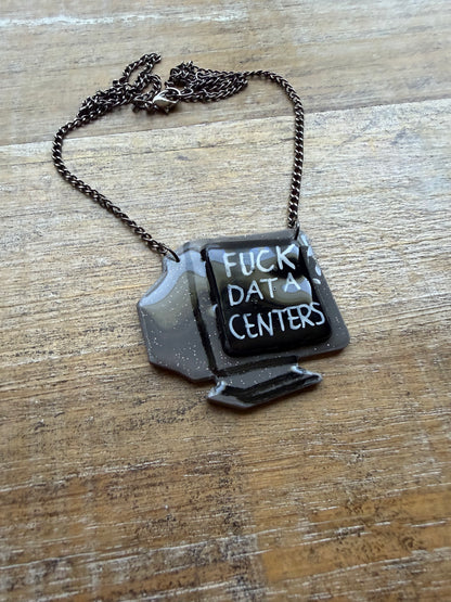 Fuck Data Centers Gothic Retro Computer Necklace with Gun Metal Tone Chain