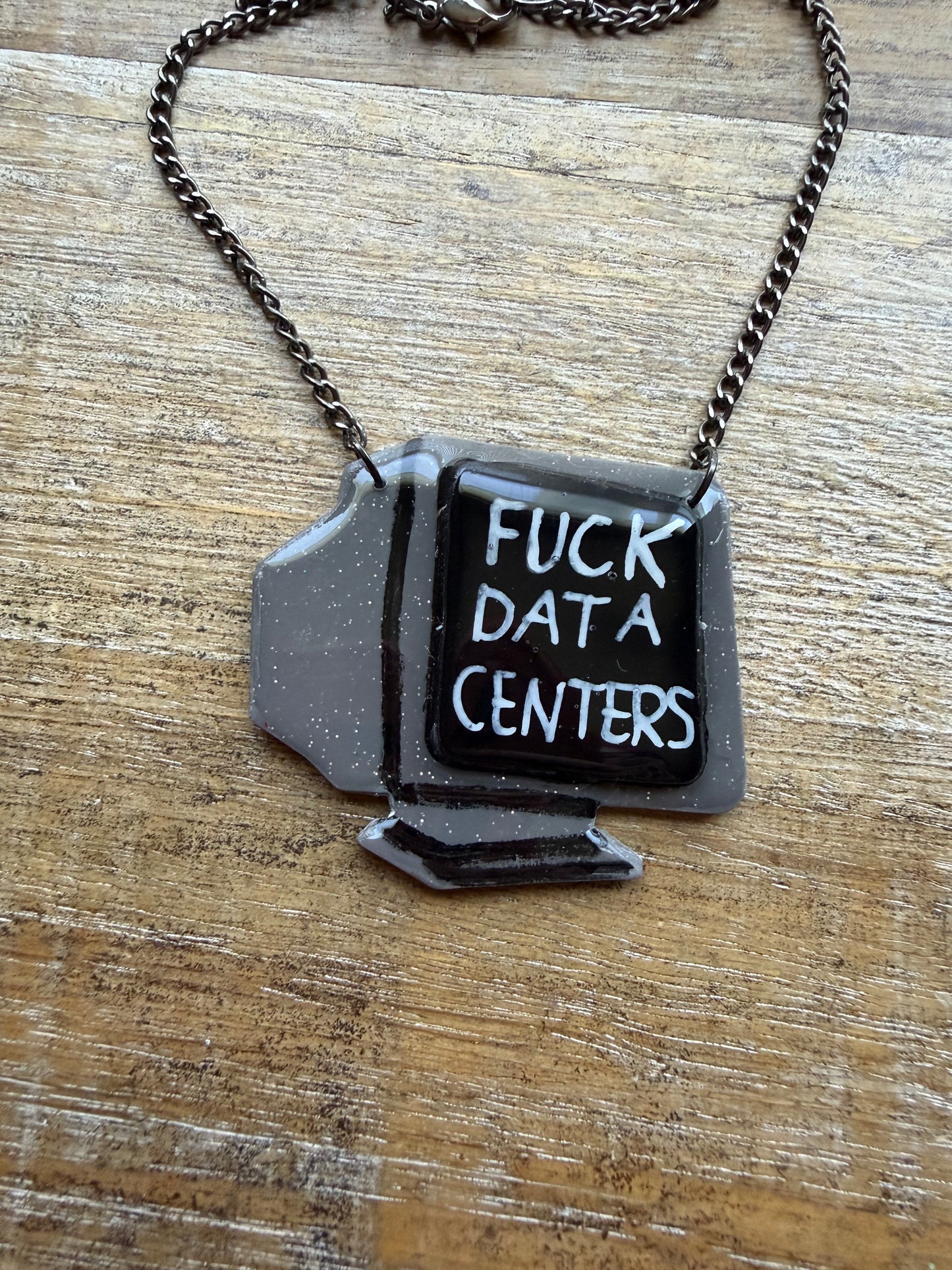 Fuck Data Centers Gothic Retro Computer Necklace with Gun Metal Tone Chain