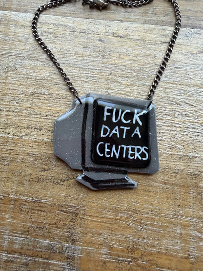 Fuck Data Centers Gothic Retro Computer Necklace with Gun Metal Tone Chain