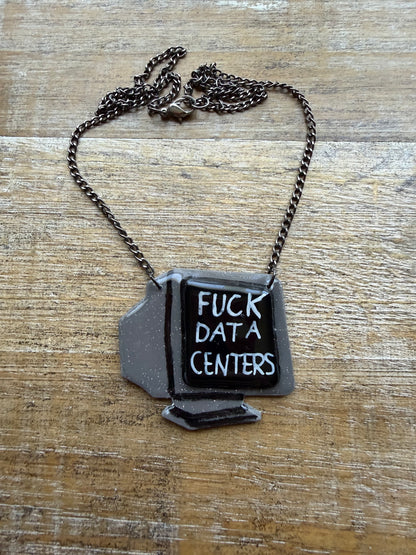 Fuck Data Centers Gothic Retro Computer Necklace with Gun Metal Tone Chain