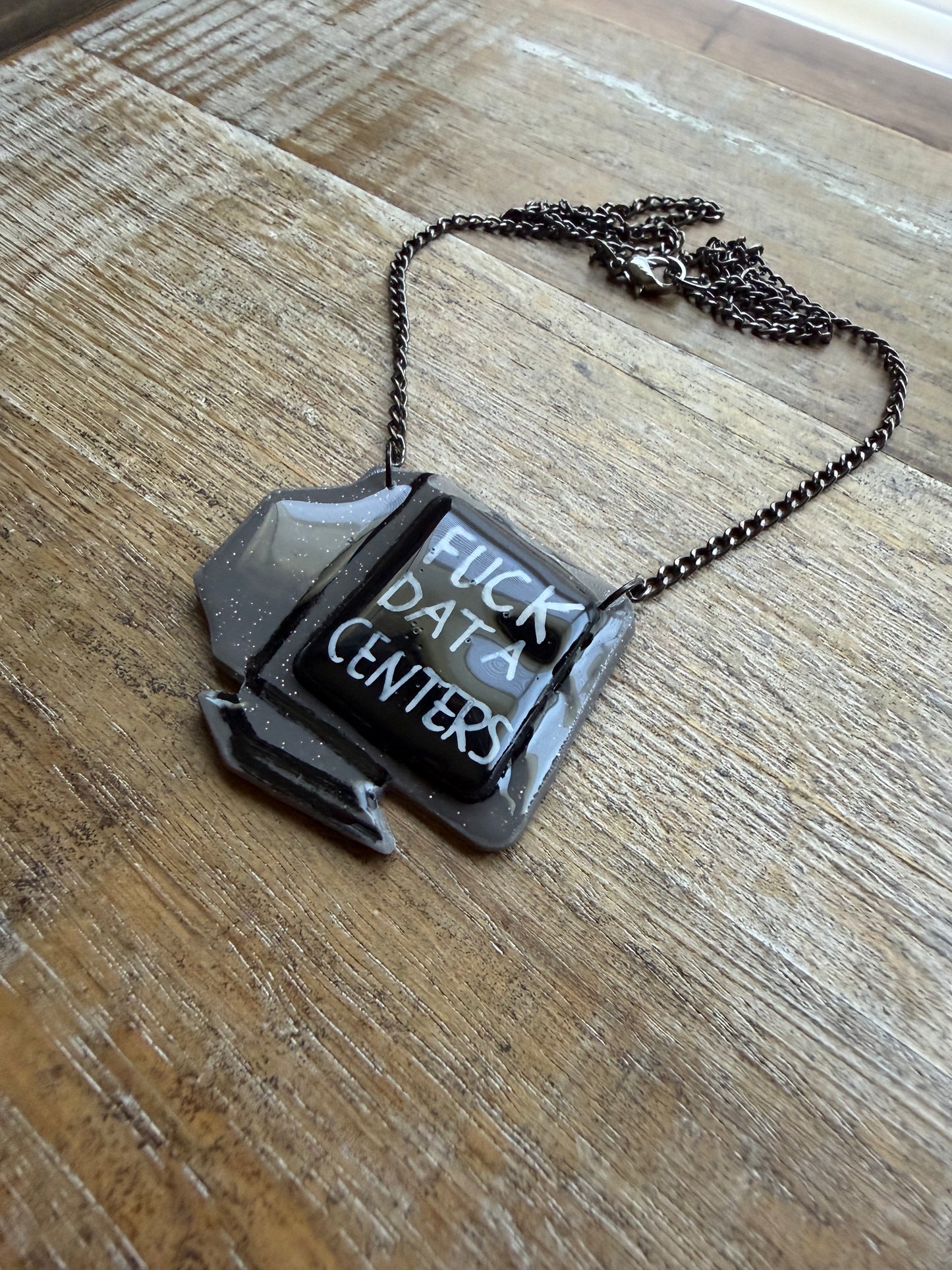 Fuck Data Centers Gothic Retro Computer Necklace with Gun Metal Tone Chain