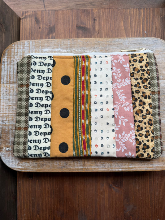 Patchwork Striped Brown Deny Defend Depose Makeup Cosmetic Bag Zipper Pouch