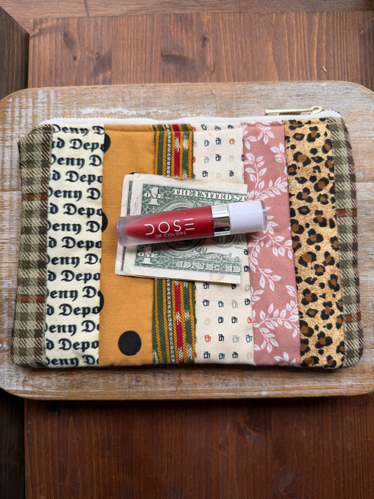 Patchwork Striped Brown Deny Defend Depose Makeup Cosmetic Bag Zipper Pouch