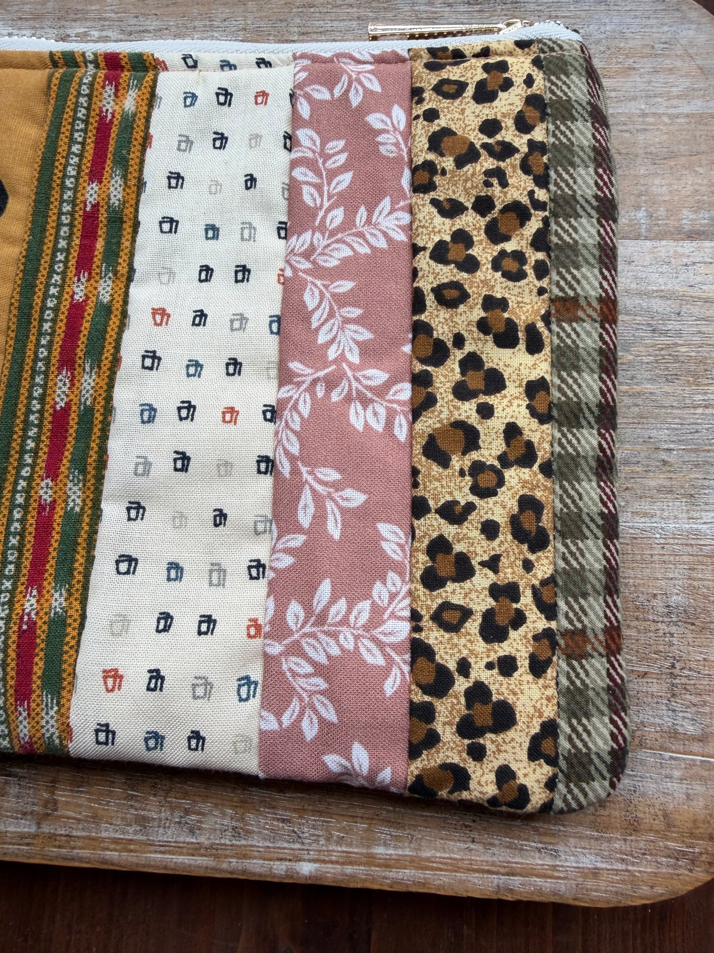 Patchwork Striped Brown Deny Defend Depose Makeup Cosmetic Bag Zipper Pouch