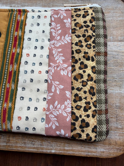Patchwork Striped Brown Deny Defend Depose Makeup Cosmetic Bag Zipper Pouch