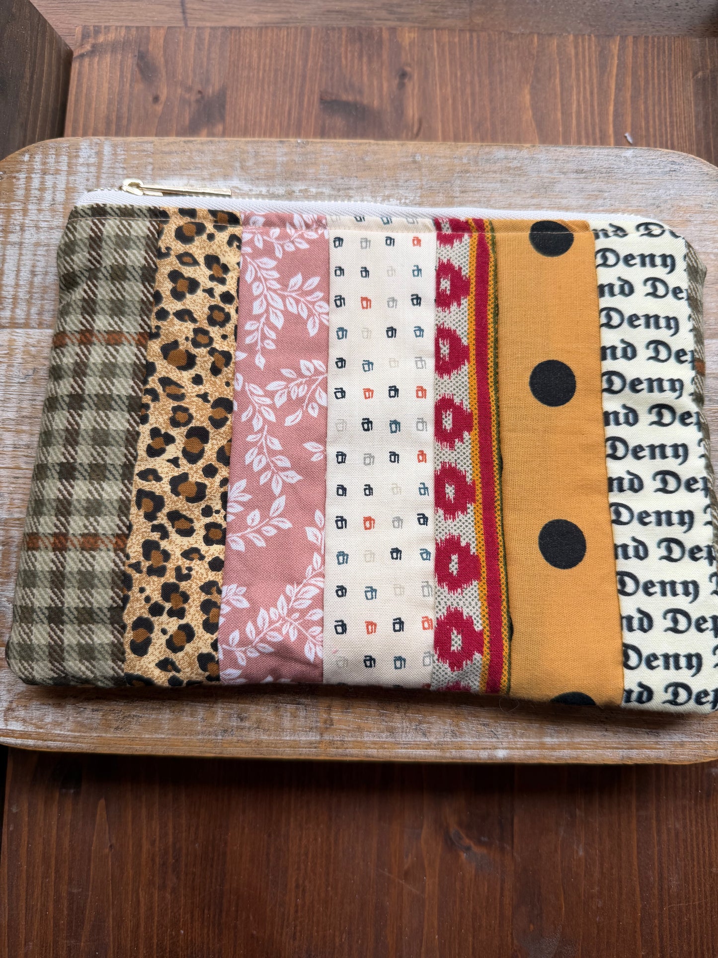 Patchwork Striped Brown Deny Defend Depose Makeup Cosmetic Bag Zipper Pouch