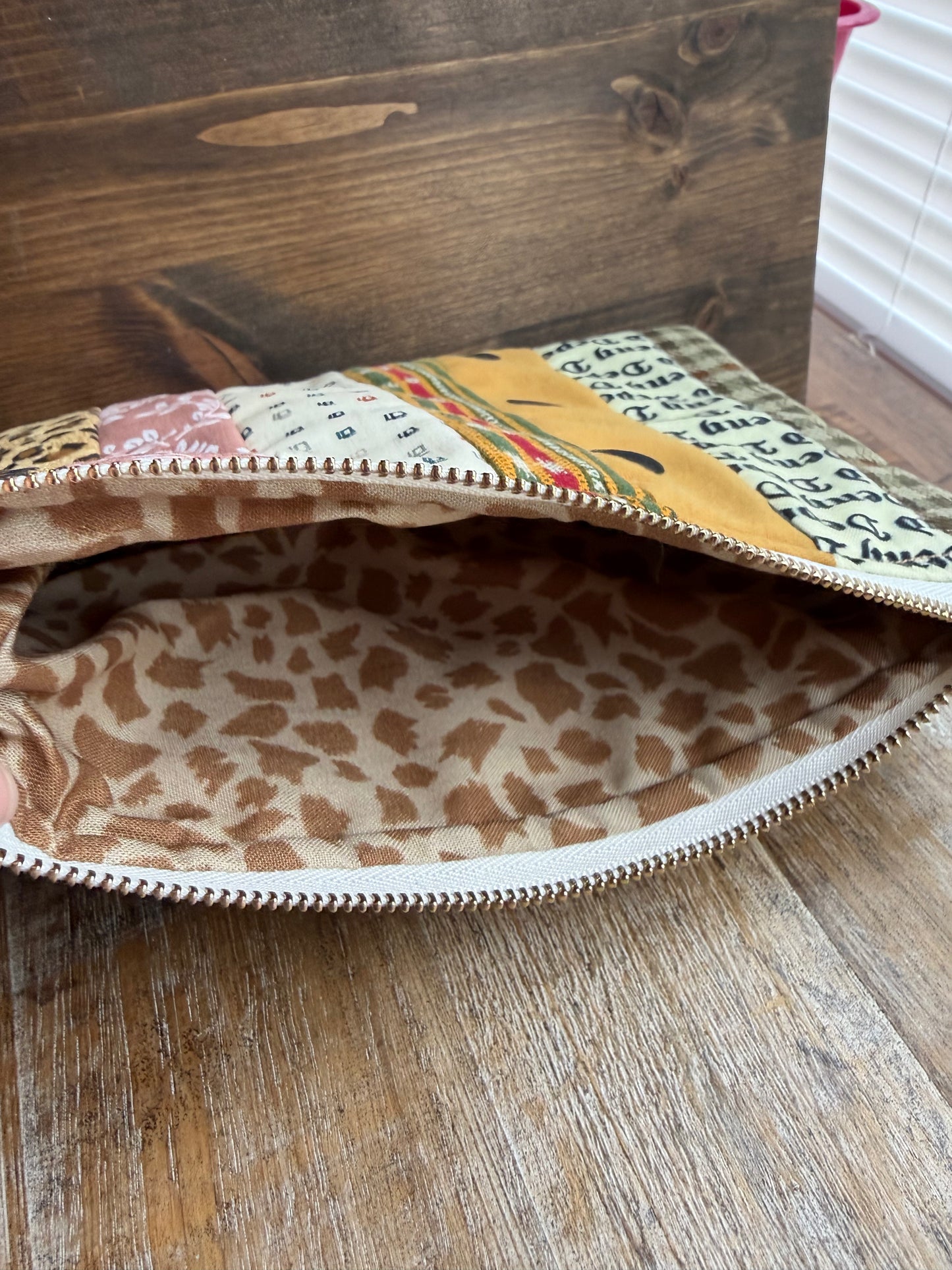 Patchwork Striped Brown Deny Defend Depose Makeup Cosmetic Bag Zipper Pouch