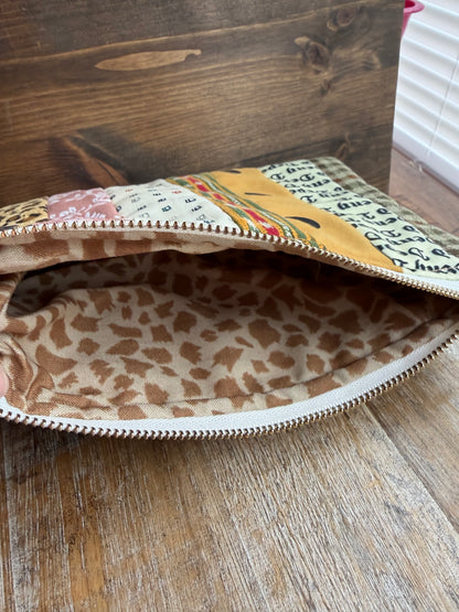 Patchwork Striped Brown Deny Defend Depose Makeup Cosmetic Bag Zipper Pouch