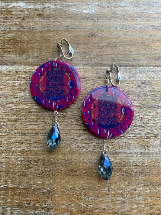 Dead Men Don’t Rape Clip On Earrings Art Deco Crystal Liberal Tunnel Gauge Earrings