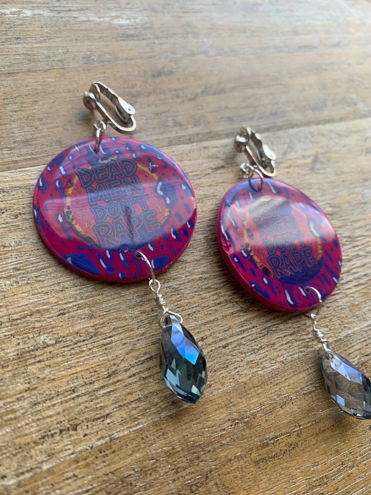 Dead Men Don’t Rape Clip On Earrings Art Deco Crystal Liberal Tunnel Gauge Earrings