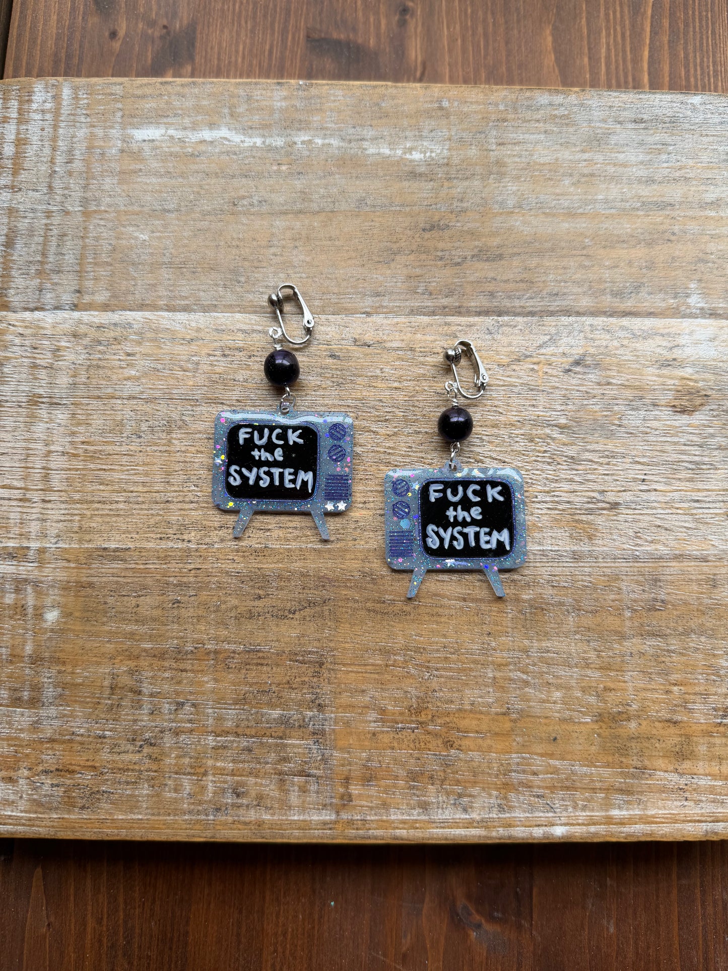 Fuck the System Resin Retro TV Glitter Clip On Earrings Tunnel Gauge Earrings