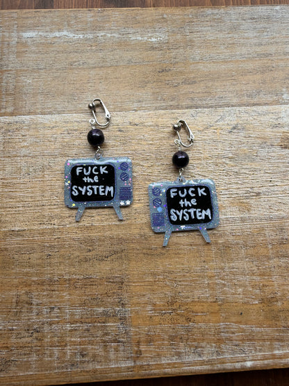 Fuck the System Resin Retro TV Glitter Clip On Earrings Tunnel Gauge Earrings