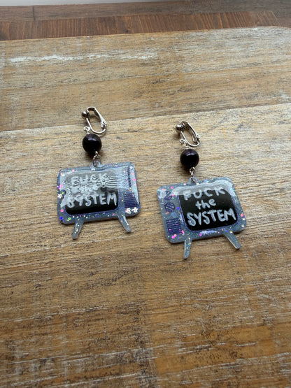 Fuck the System Resin Retro TV Glitter Clip On Earrings Tunnel Gauge Earrings