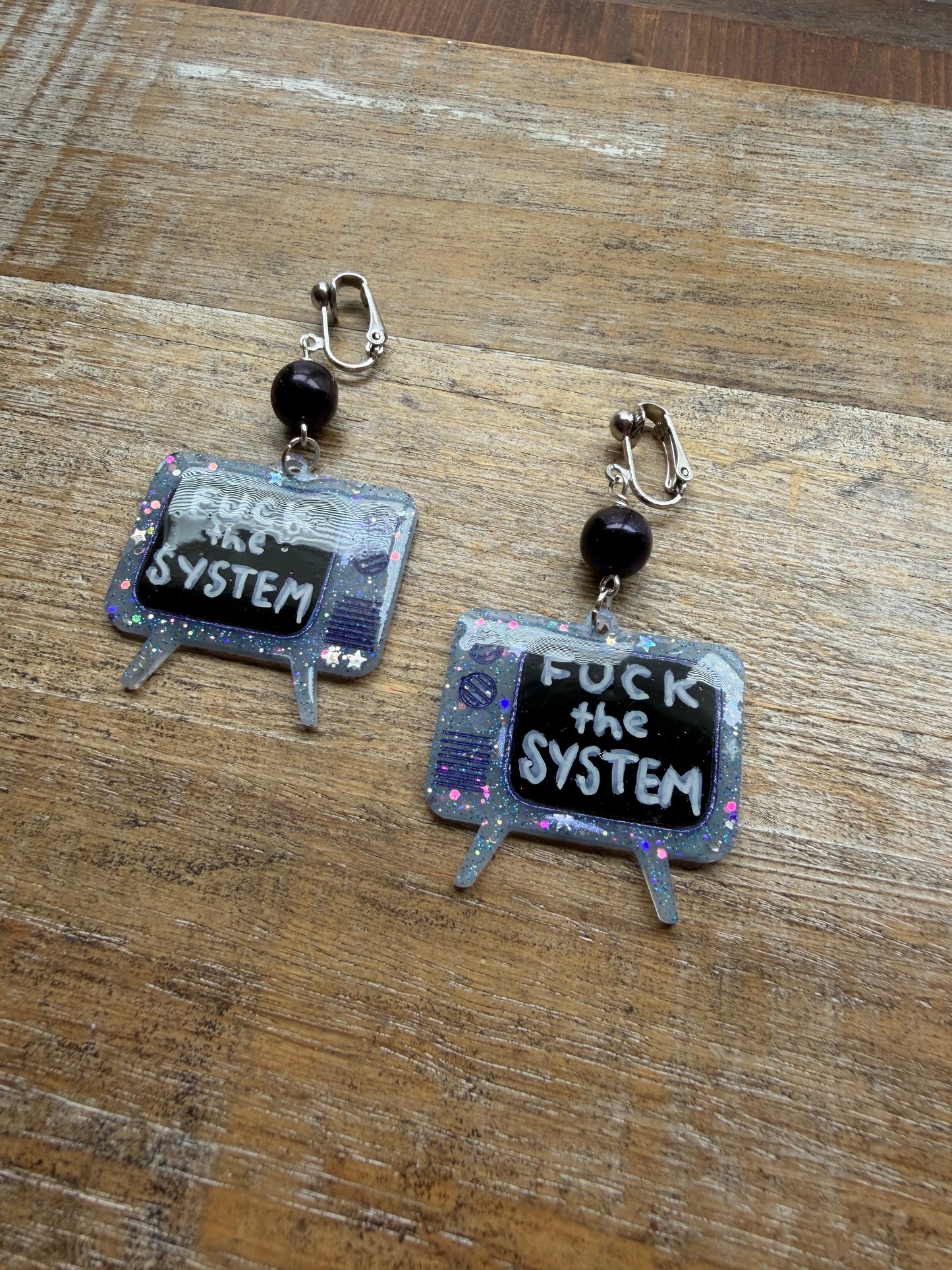 Fuck the System Resin Retro TV Glitter Clip On Earrings Tunnel Gauge Earrings