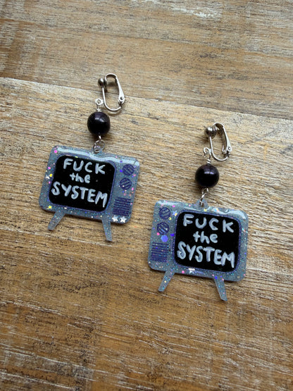 Fuck the System Resin Retro TV Glitter Clip On Earrings Tunnel Gauge Earrings
