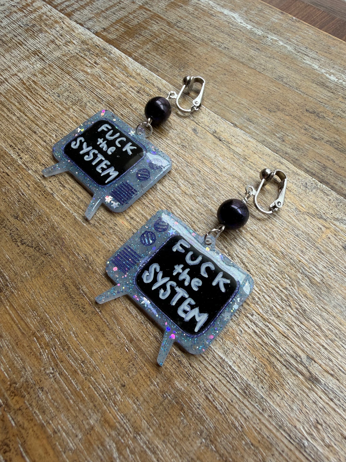 Fuck the System Resin Retro TV Glitter Clip On Earrings Tunnel Gauge Earrings