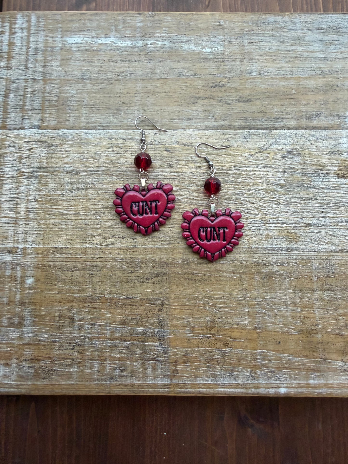 Anti Valentines Cunt Heart Red Polymer Clay Earrings Clip On Tunnel Gauge Earrings