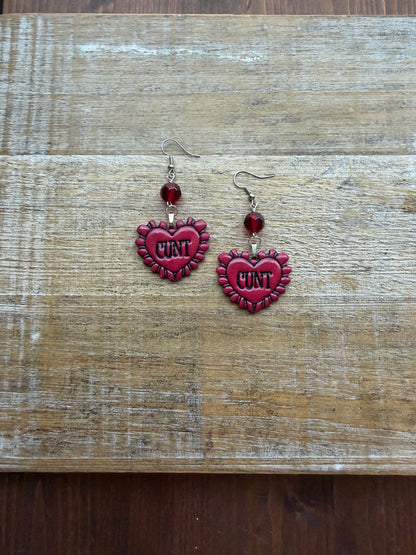 Anti Valentines Cunt Heart Red Polymer Clay Earrings Clip On Tunnel Gauge Earrings