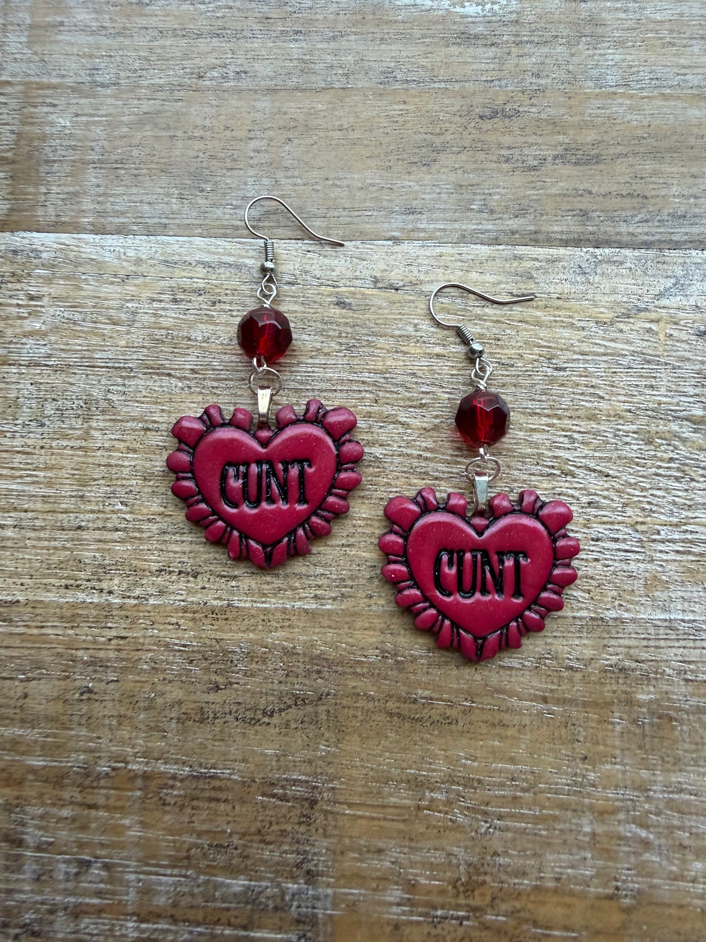 Anti Valentines Cunt Heart Red Polymer Clay Earrings Clip On Tunnel Gauge Earrings