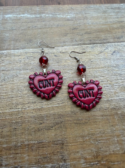 Anti Valentines Cunt Heart Red Polymer Clay Earrings Clip On Tunnel Gauge Earrings