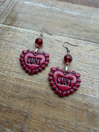 Anti Valentines Cunt Heart Red Polymer Clay Earrings Clip On Tunnel Gauge Earrings