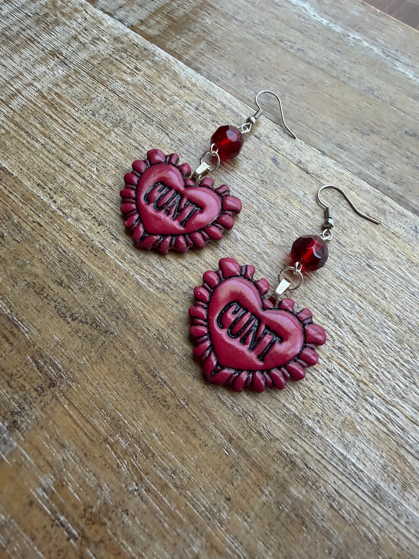 Anti Valentines Cunt Heart Red Polymer Clay Earrings Clip On Tunnel Gauge Earrings