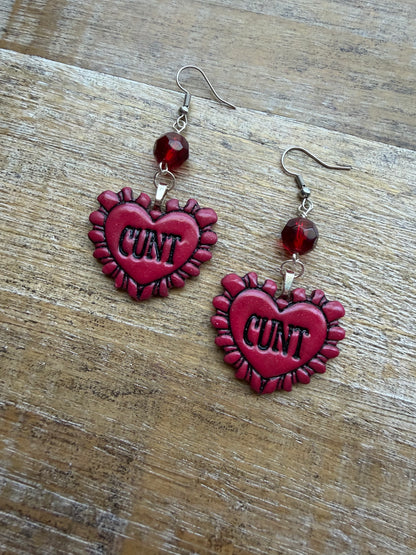 Anti Valentines Cunt Heart Red Polymer Clay Earrings Clip On Tunnel Gauge Earrings