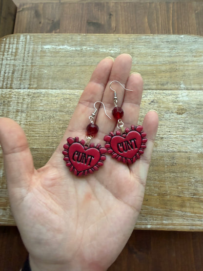 Anti Valentines Cunt Heart Red Polymer Clay Earrings Clip On Tunnel Gauge Earrings
