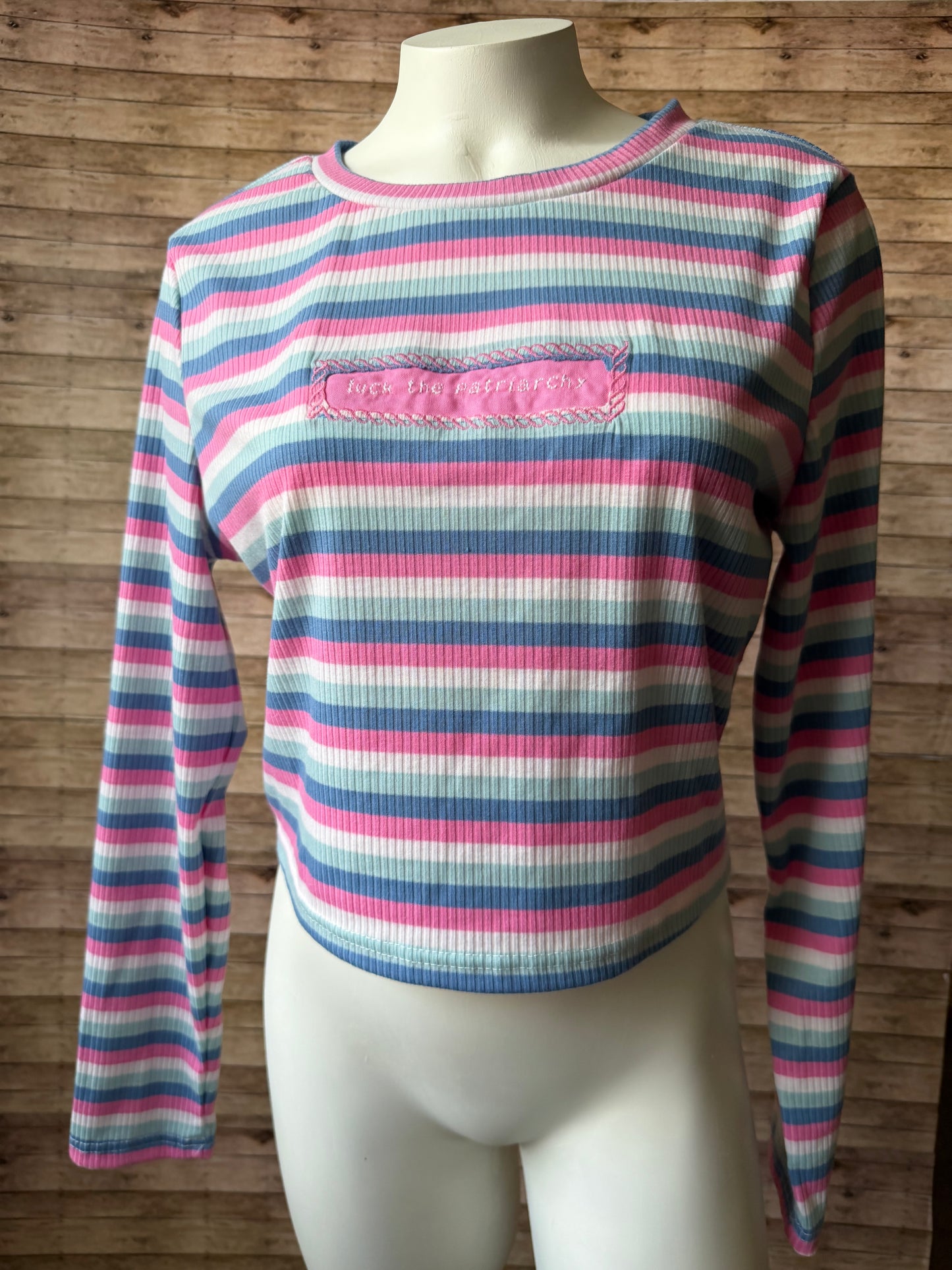 Fuck the Patriarchy Reclaimed Upcycled Crop Top Long Sleeve Striped Shirt Size L Womens